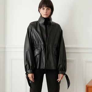 Black faux leather tie sleeve jacket